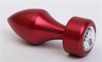 Красная анальная пробка с широким основанием и прозрачным кристаллом - 7,8 см.