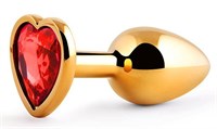 Золотистая анальная пробка с красным стразом-сердечком - 7 см.
